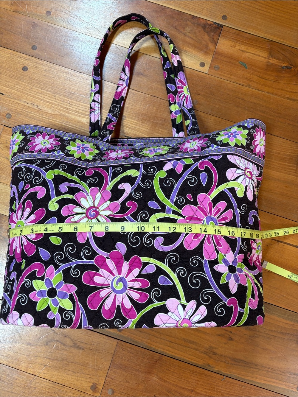 Vera Bradley Black Quilted Tote with Pink & Green Floral Pattern - Picture 7 of 13